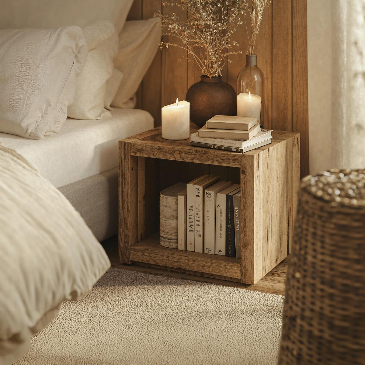 Spry Interior Natural Wooden Standing Nightstand, Rustic Solid Wood Bedside Table with Open Storage Shelf for Bedroom, SILDTNS019