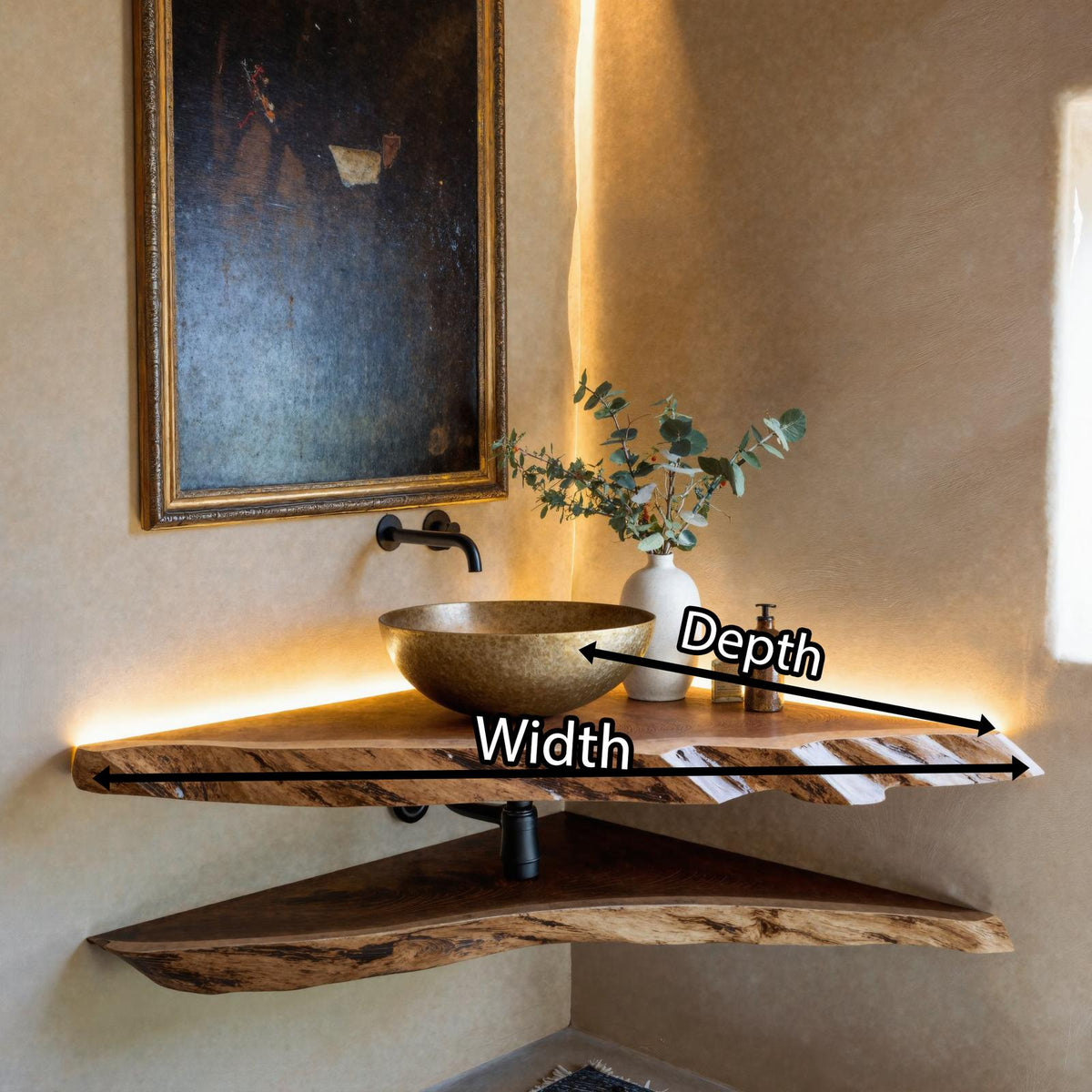 Teezano Floating Edge Corner Bathroom Wood Shelf, Wall-Mounted Handcrafted Solid Wood Storage Shelf Organizer, SILDTBRV066