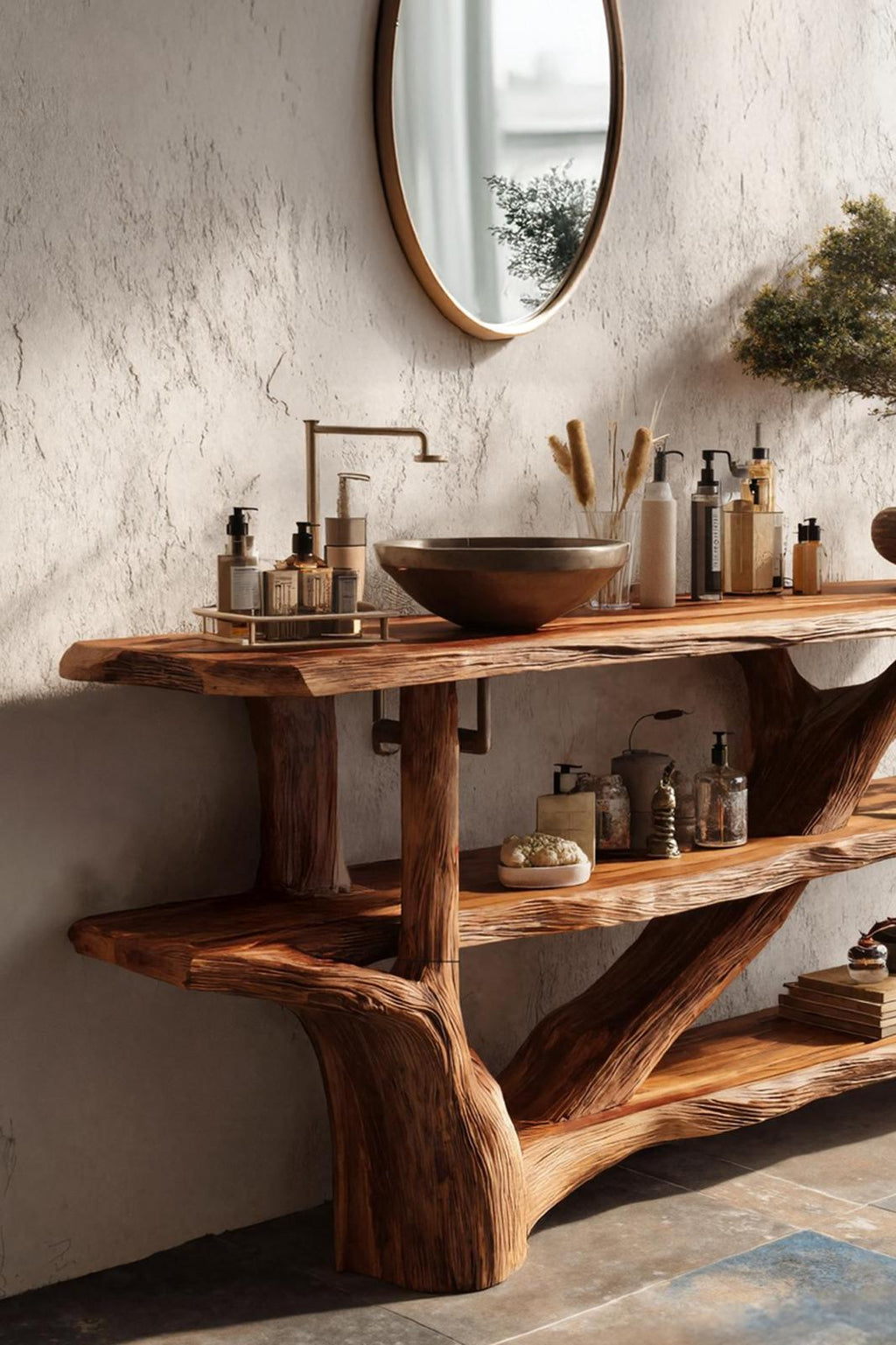 Mid Century Live Edge Bathroom Vanity, Solid Wood Tree Trunk Sink Console for Contemporary Bathroom Decor