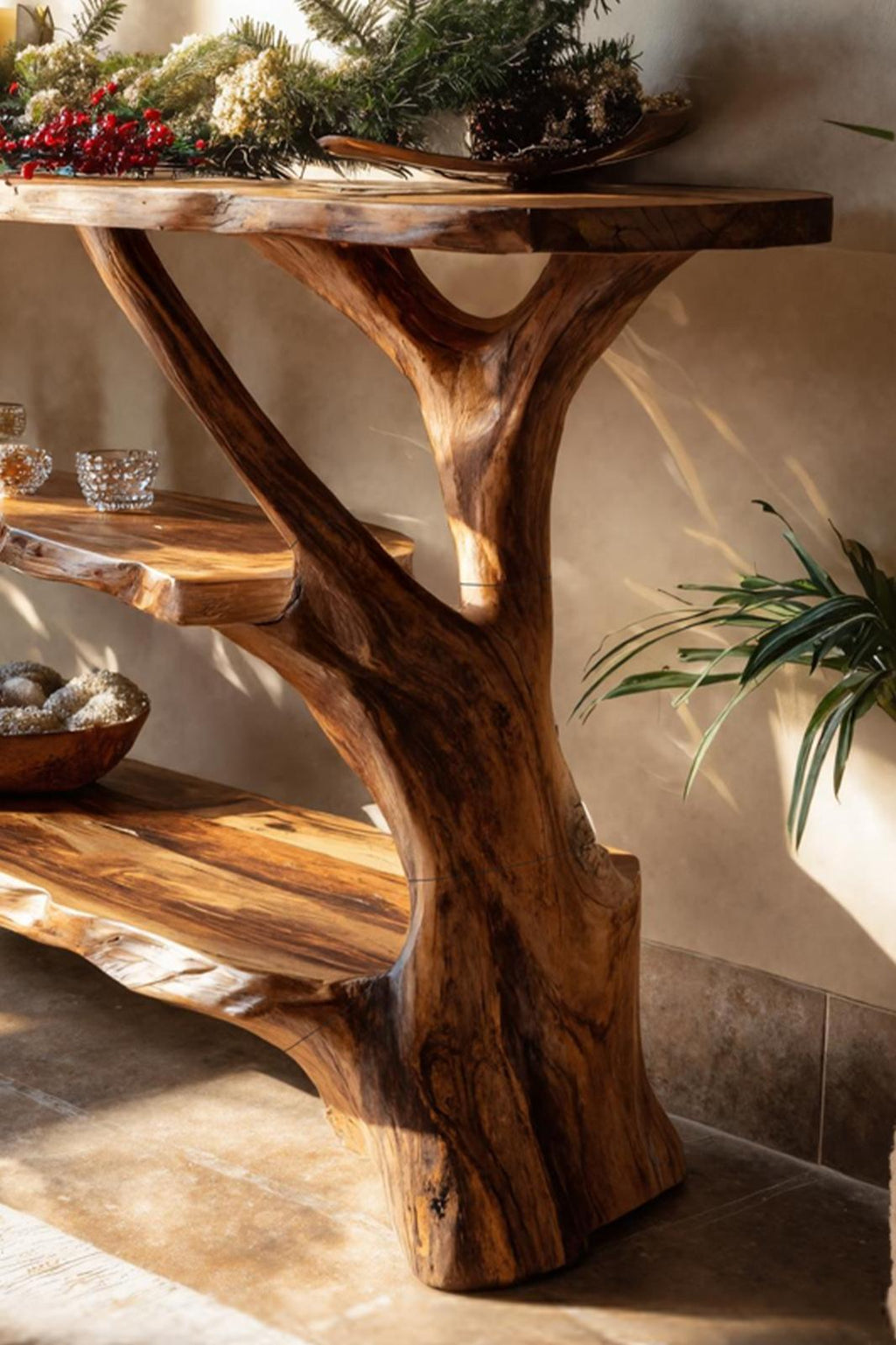 Mid-Century Rustic Live Edge Console Table, Solid Timber Slab Entryway Table, Retro Hallway Sofa Table