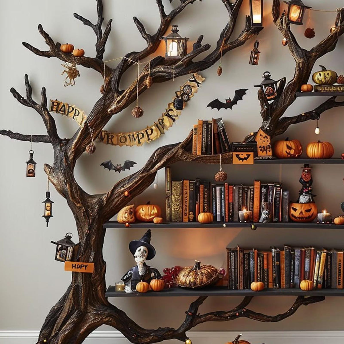 Tree Books Shelf Decor Halloween Solid Wood