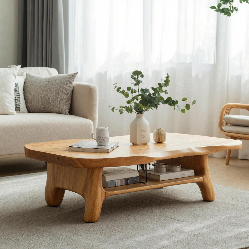 Rustic Solid Wood Coffee Table, Handcrafted Live Edge Center Table for Cozy Living Room Decor