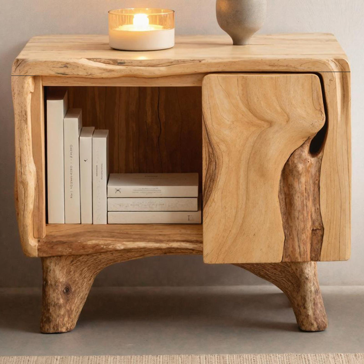 Mid-Century Live Edge Nightstand, Rustic Solid Wood Bedside Accent Table for Modern Bedroom Decor