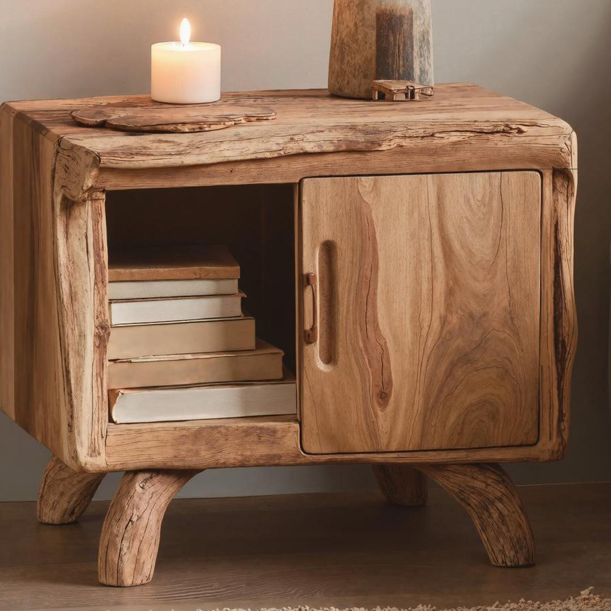 Rustic Solid Wood Nightstand, Handmade Bedside Accent Table for Cozy Bedroom Decor and Storage
