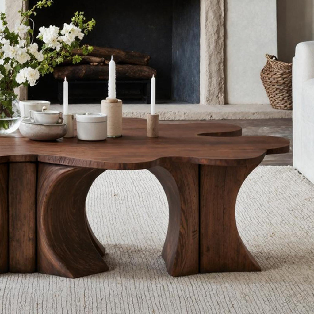 Spry Interior Rustic Solid Wood Coffee Table, Handcrafted Live Edge Low Center Table for Cosy Wooden Home Atmosphere, SILDTTNCF018