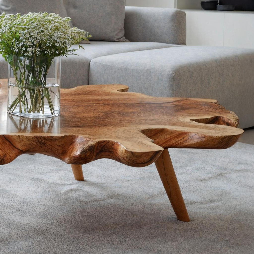 Spry Interior Handcrafted Solid Wood Low Coffee Table, Rustic Live Edge Center Table for Wooden Living Room Decor, SILDTTNCF026