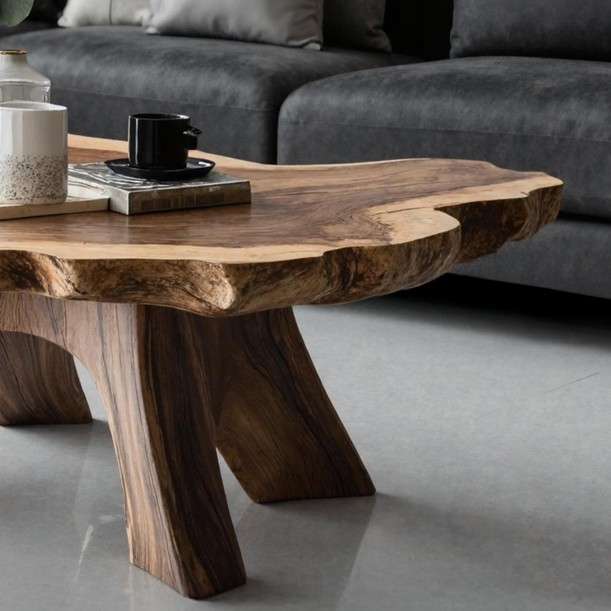 Teezano Rustic Solid Wood Low Coffee Table, Handcrafted Live Edge Center Table for Organic Living Room Decor, SILDTTNCF014