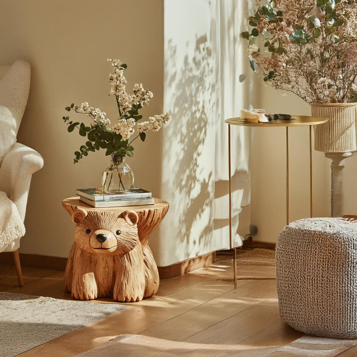 Rustic Bear End Table Wood Side Table