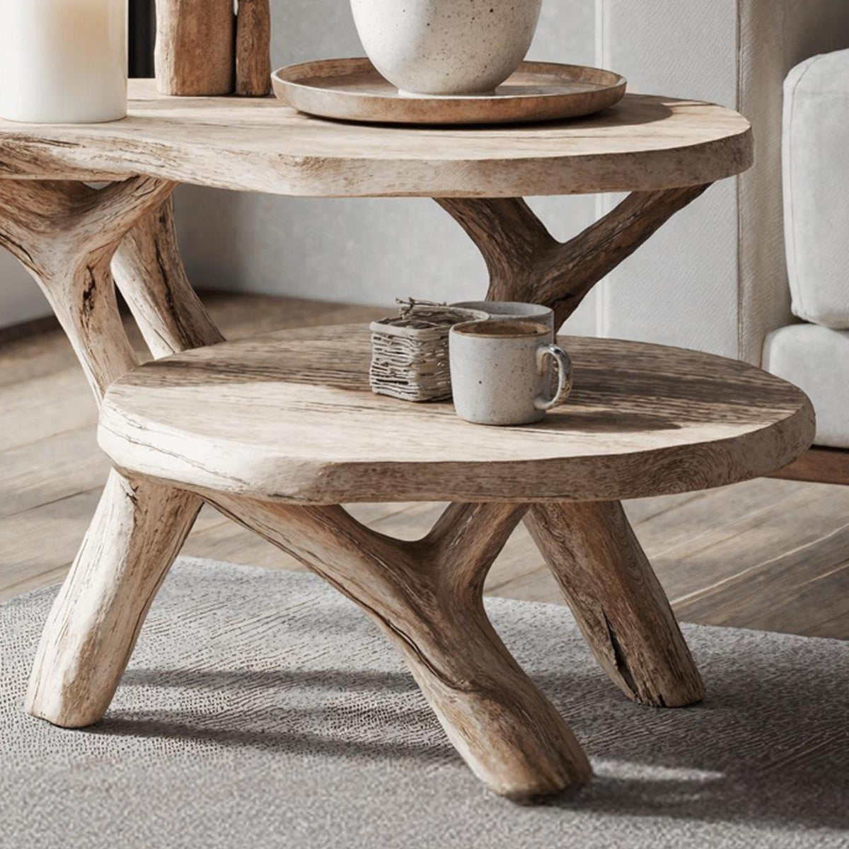 Farmhouse Round Solid Wood End Table, Rustic Handcrafted Side Table & Nightstand for Living Room Decor