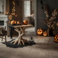 Handcrafted Round End Table, Solid Wood Side Table, Spooky Gothic Pumpkin Design Nightstand for Living Room Decor