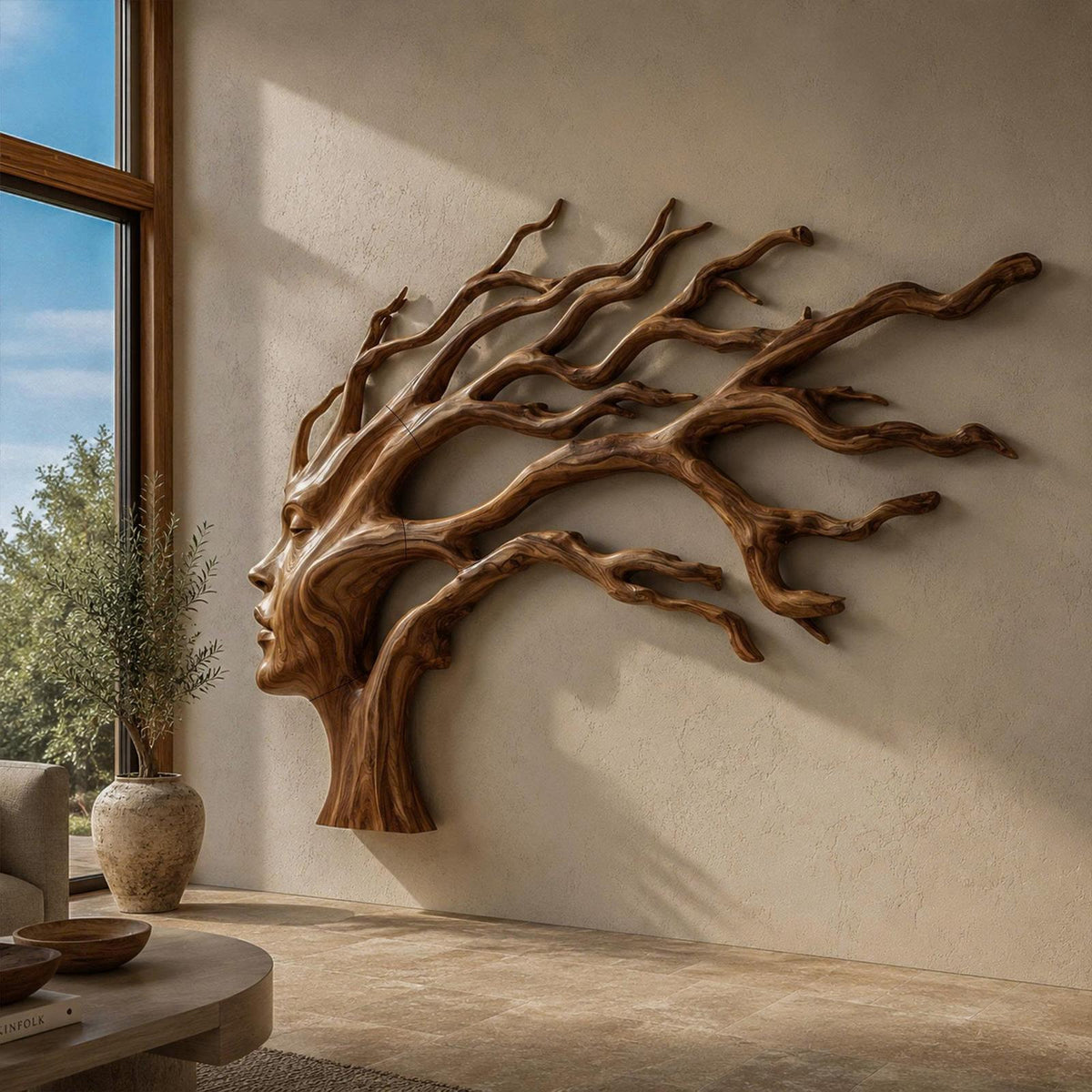 Organic Tree Wall Art, Handcrafted Sculptural Branch Solid Wood Hanging Decor for Living Room & Foyer