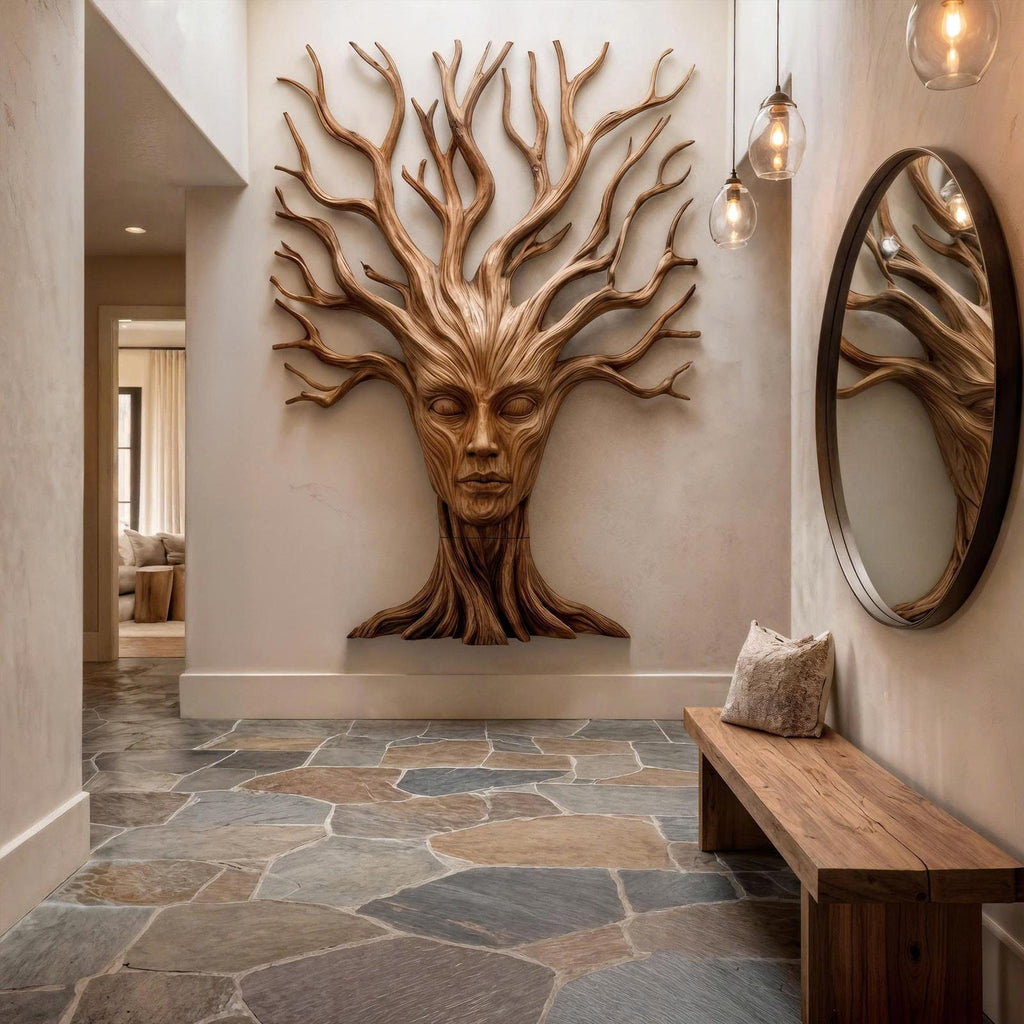 Mystical Tree Spirit Wooden Wall Art, Hand-Carved Sculptural Face Design Decor for Entryway & Living Room