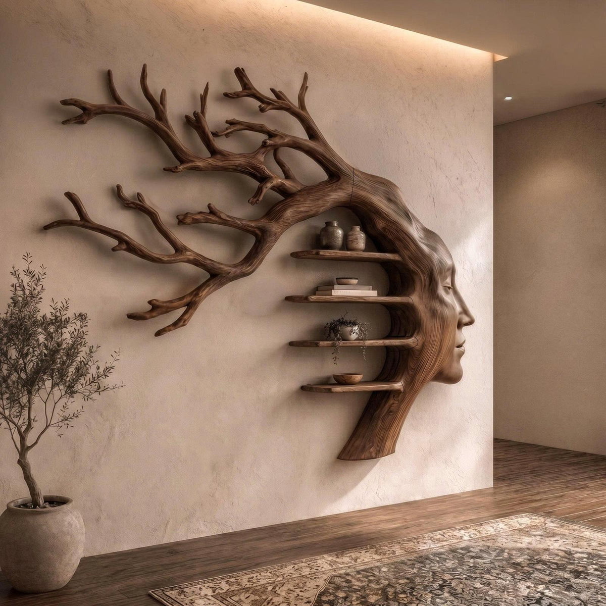Rustic Tree Branch Wooden Wall Art with Floating Shelves, Handcrafted Wood Decor for Entryway & Living Room