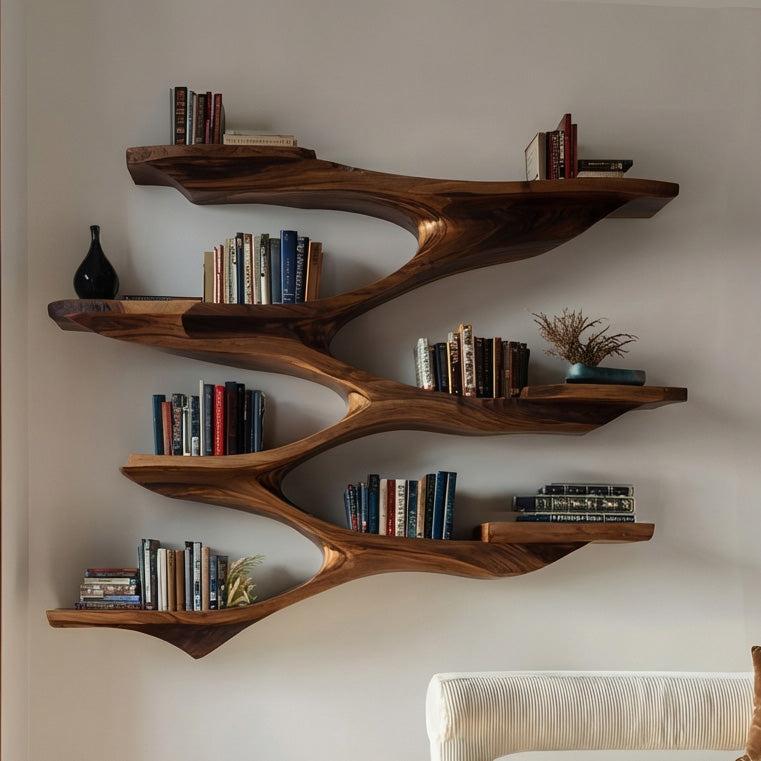 Mid Century Wooden Wall Floating Shelf, Handcrafted Solid Wood Storage Shelf for Living Room
