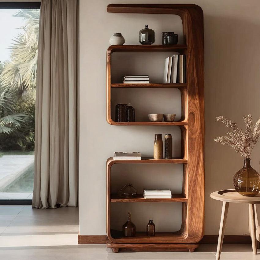 Minimalist Wooden Standing Shelf, Tiered Bookcase Storage Organizer, Sleek Modern Living Room Display Rack