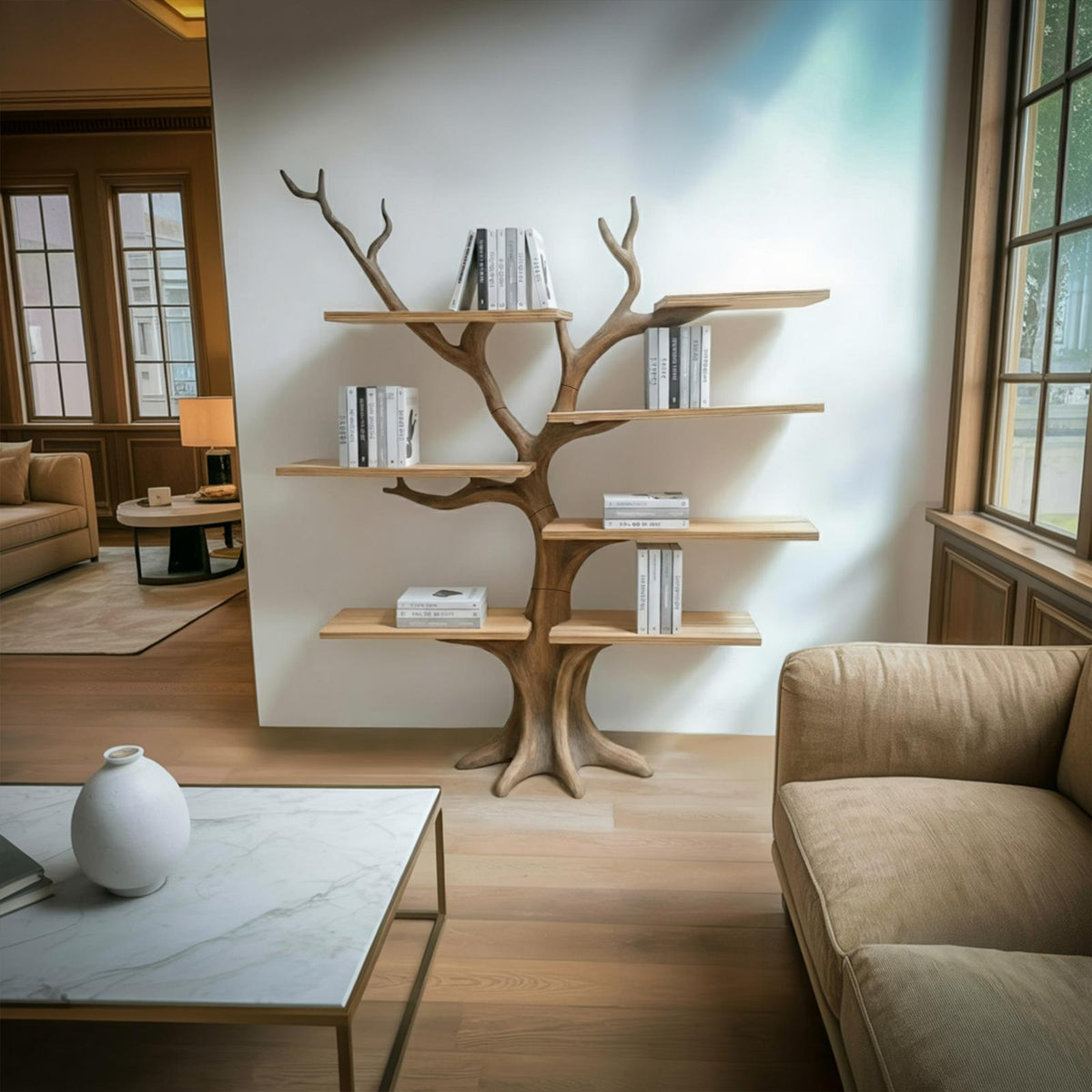 Rustic Organic Tree Decorative Shelf, Handcrafted Solid Wood Branch Bookshelf & Wall Art Display for Living Room, Bed