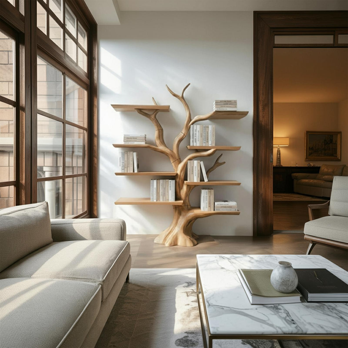 Rustic Organic Tree Branch Shelf, Solid Wood Wall Mounted Bookshelf & Artistic Display Organizer for Entryway, Hallway