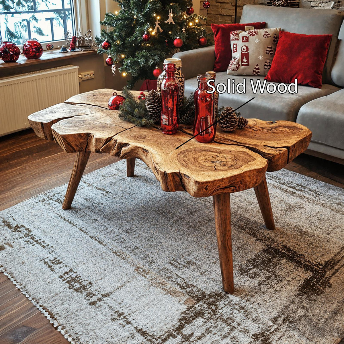 Spry Interior Rustic Solid Wood Coffee Table, Handcrafted Live Edge Center Console Table for Christmas Home Decor, SILDTCFC001
